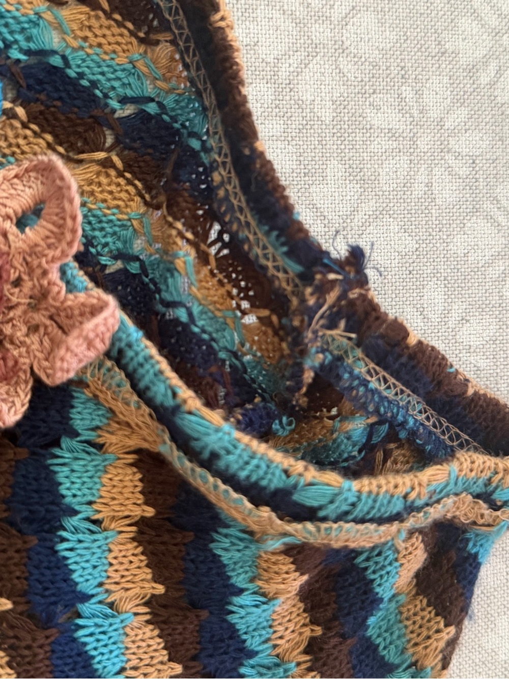 Anthropologie Blue/Brown Diagonal Stripe Crochet Knit Top, L (NWT) — Runs Small - Picture 5 of 9